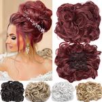 Messy Bun Hair Piece with Combs Clip in Bun Scrunchie Juva Bun Dish Fluffy Wavy Hair Updo Easy Stretch Big Chignon Short Ponytail Hairpiece for Women Wine Red