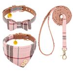 EXPAWLORER Dog Collar and Lead Set - Classic Plaid Bow Tie and Dog Bandana Collar with Cute Bell, No Tangle Dog Lead, Adjustable Puppy Collar for Small Medium Large Dogs Cats, Holiday Birthday Gifts