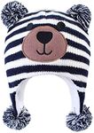 LANGZHEN Toddler Kids Infant Winter Hat,Earflap Knit Warm Cap Fleece Lined Beanie for Baby Boys Girls, Bear -Navy Stripe, 6-12 Months