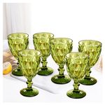 Vintage Wine Glasses Set of 6, Plastic Reusable 12 Ounce Colored Water Goblets, Unique Embossed Pattern Unbreakable Stemmed Wine Glasses High Clear Wedding Party Bar Drinking Cups Green