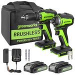 Greenworks 24V MAX Cordless Brushless Drill + Impact Combo Kit, (2) 2.0Ah Batteries, (1) Charger, and Bag Included