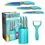 Kids Knife Set For Cooking – 5 Piece Kids Cook Set in Aqua – Kids Cooking Supplies with Kids Chef Knife, Kids Paring Knife, Kids Peeler, Kids Serrated Knife & Universal Holder – TruChef