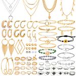 63 Pack of Jewelry Set for Women, Including 15 Pairs Fashion Earrings, 4 Pack Cute Necklaces, 13pc Aesthetic Bracelets/Anklets and 31pc Dainty Rings, Trending Gift for Teen Girls