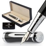 Wordsworth & Black Fountain Pen Set, 18K Gilded Medium Nib, Includes 24 Pack Ink Cartridges, Ink Refill Converter & Gift Box, Chrome Finish, Calligraphy, [Black Chrome], Perfect for Men & Women