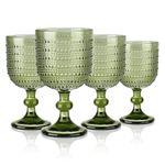 Joeyan Green Vintage Wine Goblet Glasses,Embossed Colored Stemmed Glass Cups,Hobnail Stemware Drinking Glasses,Romantic Beaded Glassware for Water Juice Cocktail,12 oz,Set of 4,Dishwasher Safe