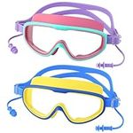 Zuimei 2 Pack Swimming Goggles Kids Toddler 3-15, Kids Swim Goggles with Earplugs, Panoramic View HD Perspective Swimming Goggles for Boys Girls, No Leaking Anti-Fog Waterproof,Pink with Green+Yellow