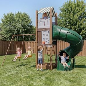 Swing Sets for Backyard with Turbo Tube Slide for Kids 3-8+ All in 1 Kids Outdoor Play Playhouse Equipment with Swings, Climbing Ladder, Sandbox, Basketball Hoop, Outdoor Large Playset for Toddlers