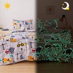 Mooreeke Glow in The Dark Twin Plush Fleece Comforter Bed Set, Soft & Warm 2 Piece Bed in A Bag with Sham, Velour Velvet Grey Excavator Highway Boys Kids Flannel Bedding Set, Fluffy Fuzzy Polar Cozy