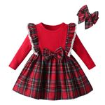 Sinipart Infant Toddler Baby Girls One-Piece Dress Long Sleeve Bow Plaid Skirt Autumn Princess Headband 2pcs Outfits Set Red 9-12 Months