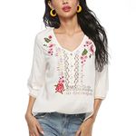 Seasonal Woman's Mexican Traditional Embroidery Blouse Summer Hippie Peasant Tops V Neck 3/4 Sleeve Casual Loose Tunic (049-White, 3XL)