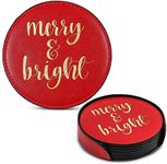 Christmas Drink Coasters Gift with Holder, Merry and Bright (Faux Leather, 7 Pieces)