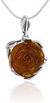 Women's 925 Silver Oxidised Baltic Amber Rose Hand Carved Amber Rose Pendant Necklace Model 60 on a Chain Gift Set., Oxidised silver, Amber