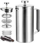 Meelio small French Press Coffee Maker 600ml, Double-Wall Insulated French Press Coffee Press Stainless Steel for travel camping, Silicone handle (2-4cup, 20 OZ) silver