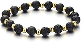 COOLSTEELANDBEYOND Mens Womens Volcanic Lava Stone Bracelet with Small Gold Color Beads, Prayer Mala