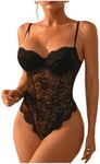 OYOANGLE Women's Floral Lace Sheer Mesh Cut Out Scallop Trim Underwire Teddy Lingerie Bodysuit Black S