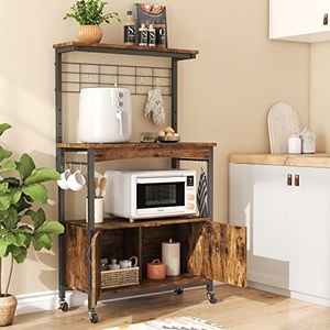 Bestier Microwave Stand with Storage Cabinet, Height-Adjustable Bakers Racks for Kitchen with Wheels & Feet, Industrial Rolling Coffee Bar Shelf with 10 S-Hooks Rustic Brown
