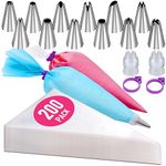 200Pcs Piping Bags and Nozzles Set, 12 Inch Pastry Bags, Icing Bags Disposable with 1 Reusable Piping Bags, 12 Nozzles, 2 Couplers, 2 Bag Ties