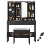 VASAGLE Vanity Desk with Mirror and Lights, Makeup Vanity with Upholstered Vanity Stool, Dimmable LED Lights, Adjustable Shelves, 7 Compartments, 2 Drawers, for Bedroom, Ink Black URDT131B01