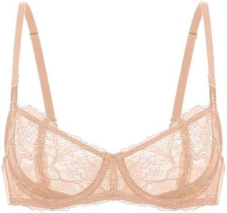 Dobreva Women's Balconette Push Up Bra Sexy Lace Plus Size Unlined Sheer Underwire Warm Beige 34A