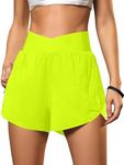 Blooming Jelly Women's Workout Shorts Athletic Running Shorts Crossover High Waisted Gym Sport Yoga Shorts with Zipper Pockets 2.5" (Neon Green,Small)