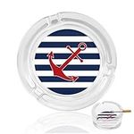 Glass Ashtrays for Cigarettes, nautical Pillow Anchor Blue and White Maritime Round Ash Tray Portable Ashtrays for Home Office Modern Decorative