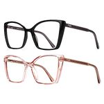 JFXQDR 2 Pack Women's Oversized Blue Light Blocking Glasses, Trendy Cat Eye Computer Gaming Eyeglasses Anti Eyestrain & UV Glare RF6204 (Black + Clear Pink Cateye Frame)