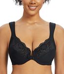 Exclare Women's Full Figure Plus Size Front Closure Lace Racerback Underwire Wide Shoulder Straps Everyday Bra (Black, 44DD)