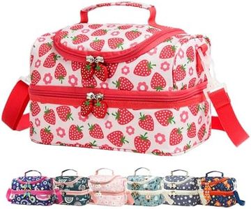 Life on track Insulated Kids Dual Compartment Lunch Bags Tote for Girls Boys Toddler Lunch Boxes Pre-School Toddler Kindergarten Picnic Camp Food Cooler Thermal with Strap (Bright Strawberry)