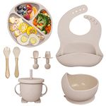 Hoidokly Silicone Baby Feeding Set 8 Pcs, Baby Led Weaning Feeding Supplies for Toddlers Weaning Set with Suction Baby Bowl, Adjustable Bib, Plate, Cup, Fork, Spoon, 6+ Months BPA Free(Beige)