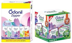 Odonil Zipper - 50Gm (10Gm X5) | Air Freshener - Bathroom And Toilet | Lasts Up To 30 Days | Assorted Pack & Bathroom Air Freshener Neem Mixed Fragrances Blocks 192G (48G, Pack Of 4)