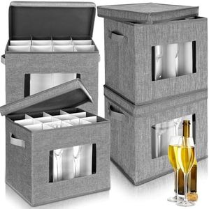 Uiifan 4 Pcs Champagen Flute Storage Box with Dividers 12 Compartment Stemware Storage Cases China Container Box with Lid and Handle for Moving (Gray)