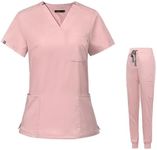 Meichoon Scrubs for Women Set V-Neck Stretch Short Sleeve Top with 3 Pockets Elastic Waistband Stretch Yoga Jogger Pants DK09 Pink Large