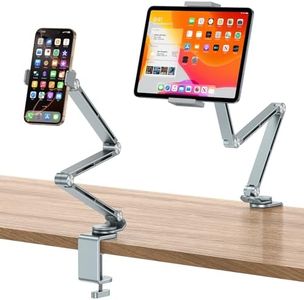 OMOTON 360° Rotatable Tablet Stand for iPad, GH03 Adjustable Aluminum Holder for Desk with 2 Clamps for Phone & Tablet, Overhead Phone Mount Compatible with 4-13" iPad Pro/iPhone, Grey