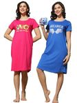 9shines Label Pack of 2 Cotton Knee Length Nighty Chemise | Maxi | Graphic Print Nightdress with Pocket for Women (TP Rani Pink U Blue-L)