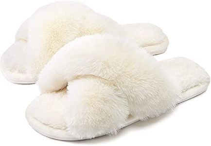 Men Women Warm Slippers Soft Plush Lightweight Black Pink White House Warm Slippers Faux Fur Non Slip Cross Band Slippers Open Toe Cozy Indoor Outdoor Winter Plush Slippers (White, us_footwear_size_system, adult, men, numeric, medium, numeric_9)