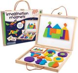 MindWare Imagination Magnets Wooden Pattern Blocks Set - Imaginative Play with magentic Shapes in a Carrying case - 42 Magnetic Solid Wooden Blocks, 50 Full-Color Laminated Puzzles