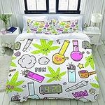 MOBEITI Duvet Cover Set,Green Weed Marijuana Kawaii Cartoon Pattern White Cannabis Leaf Smoke Bong Pot,Decorative 3 Piece Bedding Set with 2 Pillow Shams,Double Size