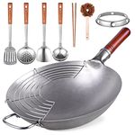 Teewe Carbon Steel Wok Traditional Hand Hammered Wok - 13.4” Chinese Wok Round Bottom Wok Pan Set with 8 Pcs Cookware Accessories