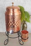 INDIAN ART VILLA Copper Water Pot with Tap, Glass, and Stand, Diamond Hammered Design, Pure Copper for Storage and Serving Water, Ayurveda Benefits, 5 Liters