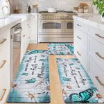 Likiyol Butterfly Floral Kitchen Mats for Floor Farmhouse Anti Fatigue Mats for Kitchen Floor, White Daisy Kitchen Rugs Non Slip Washable Floor Standing Mats, 18'' x 30'' + 18'' x 48'' + 18'' x 60''