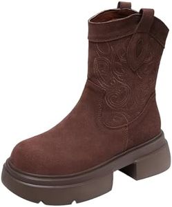 AngryMonkey Women's Suede Lug Sole Platform Boots,Vintage Fall/Winter Comfy Pull On Waterproof Short Ankle Western Cowgirl Booties (6,Brown)