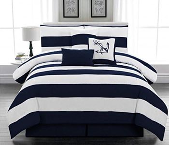 Legacy Decor 7pc. Microfiber Nautical Themed Comforter Set, Navy Blue and White Striped Full, Queen, and King Sizes (Cal King)