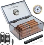 Scotte Cigar Humidors Acrylic Humidor Cigar Box With Hygrometer and Humidifier Hold 20 Cigars Portable Cigar Travel Case Include Cigar Cutters & Cigar Punch Accessories (Grey)