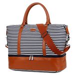 BAOSHA HB-28 Ladies Women Canvas Travel Weekender Overnight Carry-on Shoulder Duffel Tote Bag with PU Leather Strap (Blue Strips with Shoe Compartment)