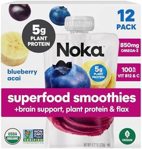 Noka Superfood Fruit Smoothie Pouches Ready to Drink with Brain Support, Healthy Snacks w/ 850mg Omega-3 Flax Seed Plant Protein Vegan Gluten Free Organic Fruit Squeeze Pouch Blueberry Acai 4.22 oz 12 Count