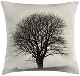 Ambesonne Gray Throw Pillow Cushion Cover, Photo of A Big Tree on A Field Branches Fall Season Monochromic Landscape Artwork, Decorative Square Accent Pillow Case, 24 X 24 Inches, Beige Black