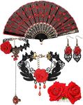 BBTO 5 Pcs Halloween Flamenco Accessories Women Rose Flower Costume Necklace Bracelet Earring Jewelry and Embroidered Sequins Fabric Folding Fan Set for Party Decor Women Costume Party, red sequins,