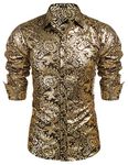 COOFANDY Men's Paisley Shirt Luxury Disco Long Sleeve Button Down Dress Shirts, 02-gold, Large