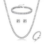 EVER FAITH Wedding Jewelry Set for Brides Bridesmaid, Sparkling Round-Cut Cubic Zirconia Tennis Bridal Necklace Bracelet Stud Earrings Set with Size 8 Ring, Simple Everyday Jewelry for Women