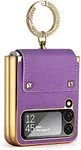 XIMAND for Samsung Galaxy Z Flip 3 5G with Luxury Sparkle Ring and Purple Soft Leather,Golden Bumper Shockproof Protector,Great Gift for Women Ladys Grils